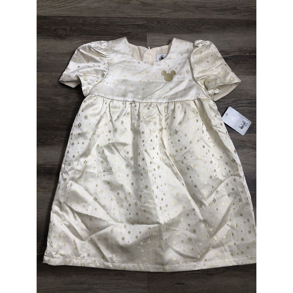 New Girls Disney Dress Christmas Sz 7/8 Gold Snowflakes Holiday Mickey Mouse